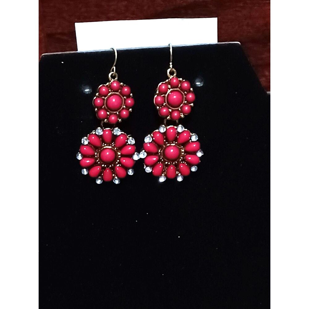 Bronze-Toned Reddish-Pink Floral Double-Drop Dangle Earrings